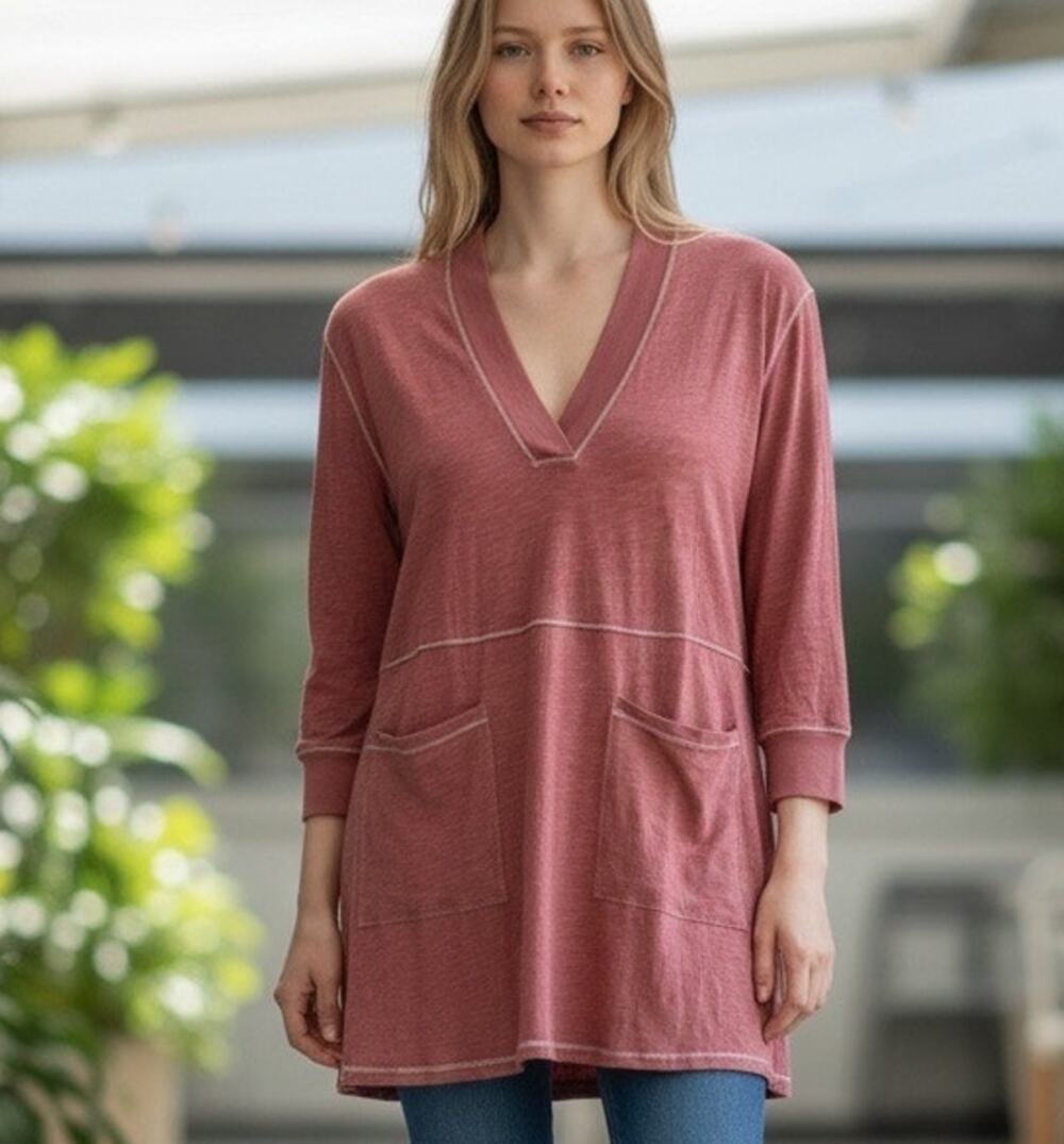 Natural Life Tunic Top Lagenlook Boho Cotton Oversized Patch Pocket Brown SZ L